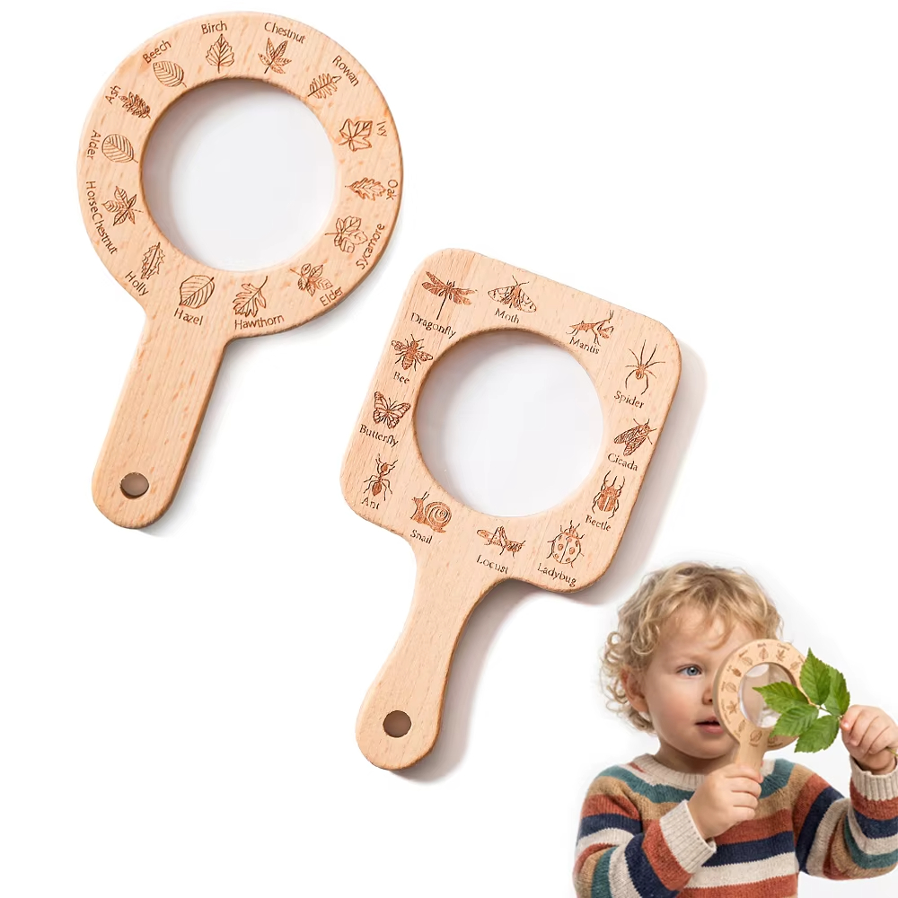 Kids Outdoor Nature Toys - แว่นขยายไม้สำหรับเด็ก สำรวจธรรมชาติ แมลง และใบไม้ พื้นผิวเรียบ สำรวจกลางแจ้ง