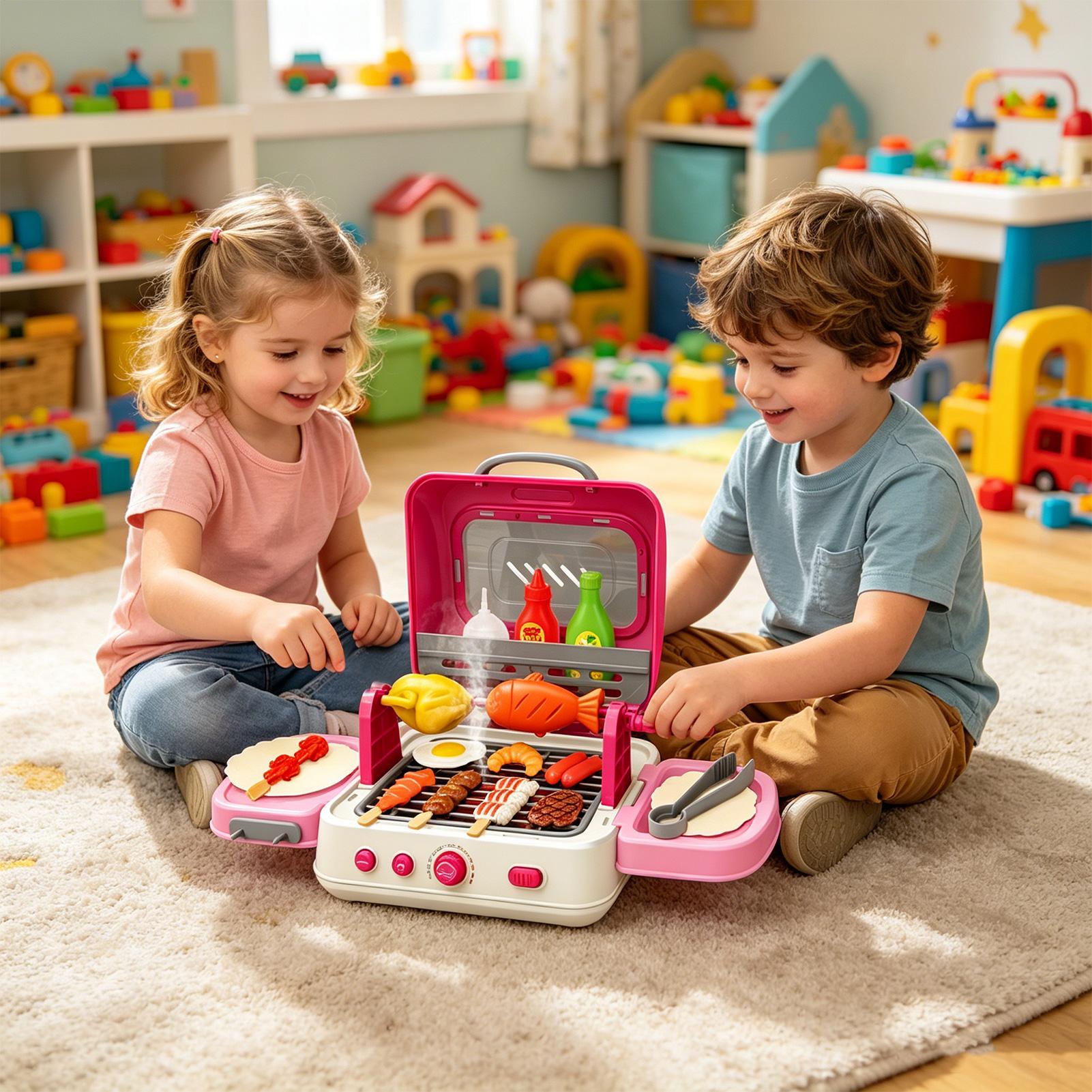 Kids Outdoor Grill - ชุดของเล่นย่างกลางแจ้งสำหรับเด็ก ชุดของเล่นย่างแบบอินเทอร์แอคทีฟพร้อมแสงเสียง ของเล่นครัวจำลองสำหรับเด็กชาย เด็กหญิง และเด็กเล็ก