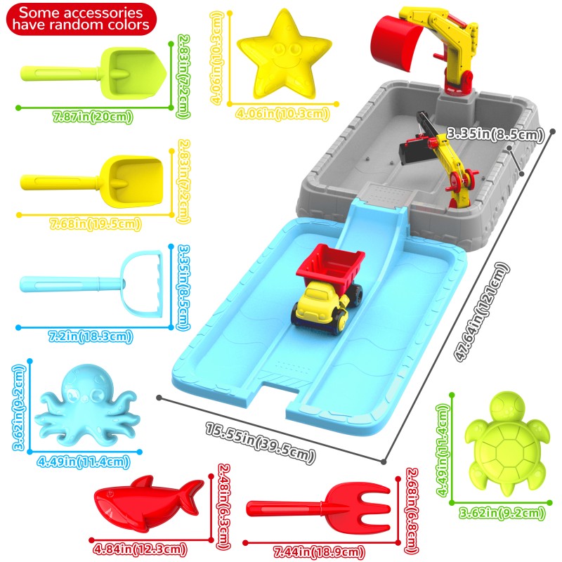 Kids Outdoor Dump Truck - ชุดของเล่นทรายรถบรรทุกก่อสร้างสำหรับเด็ก MQUDUO พร้อมทางลาดปล่อยทราย รถดั๊มพ์ขนาดเล็ก และเครื่องมือขึ้นรูป สำหรับเล่นเกมกลางแจ้งบนชายหาด
