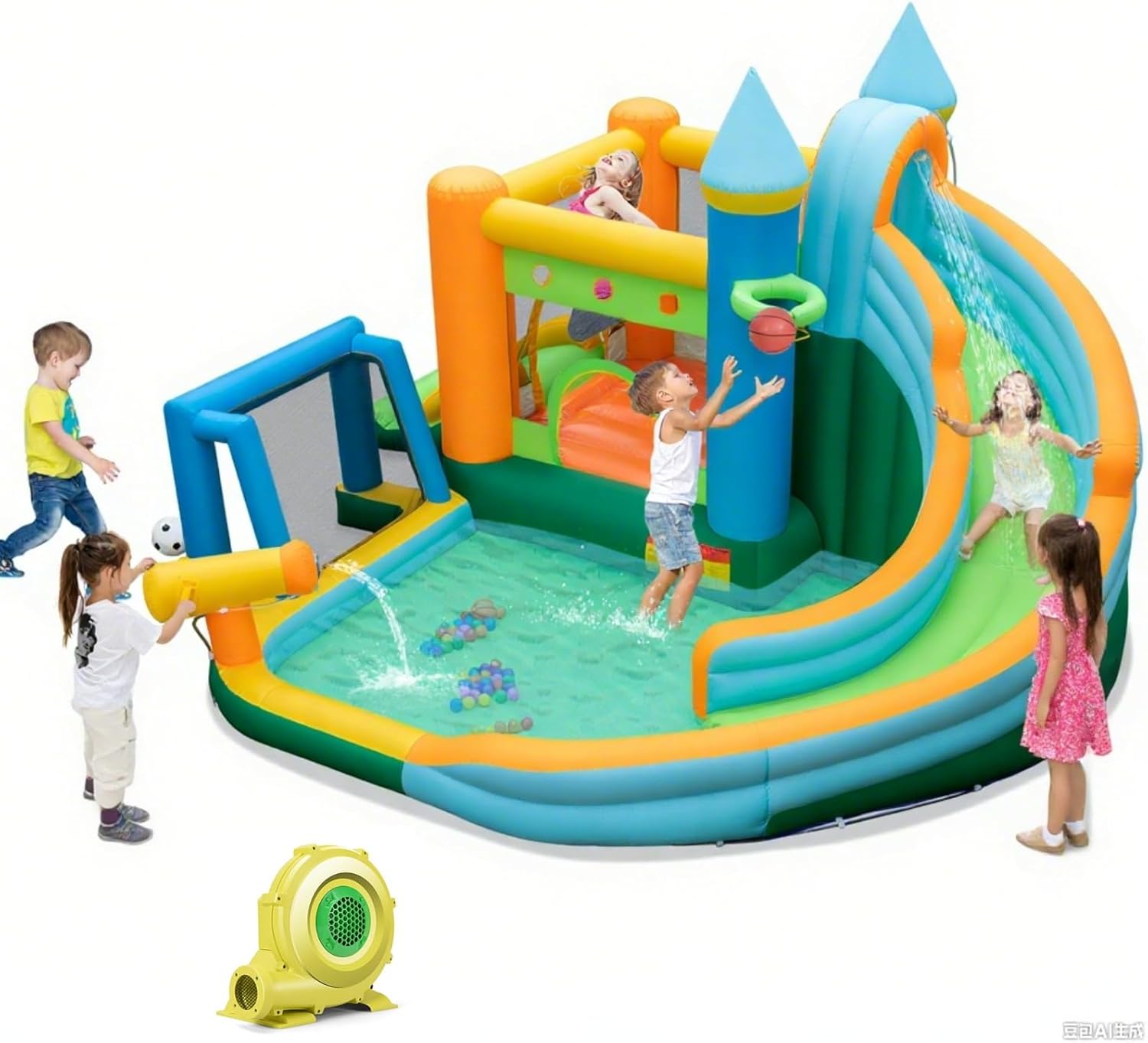 Kids Outdoor Ball - บ้านลมเป่าลม 9-in-1 สำหรับเด็กโต - สไลเดอร์คู่, ลูกบอลมหาสมุทร,