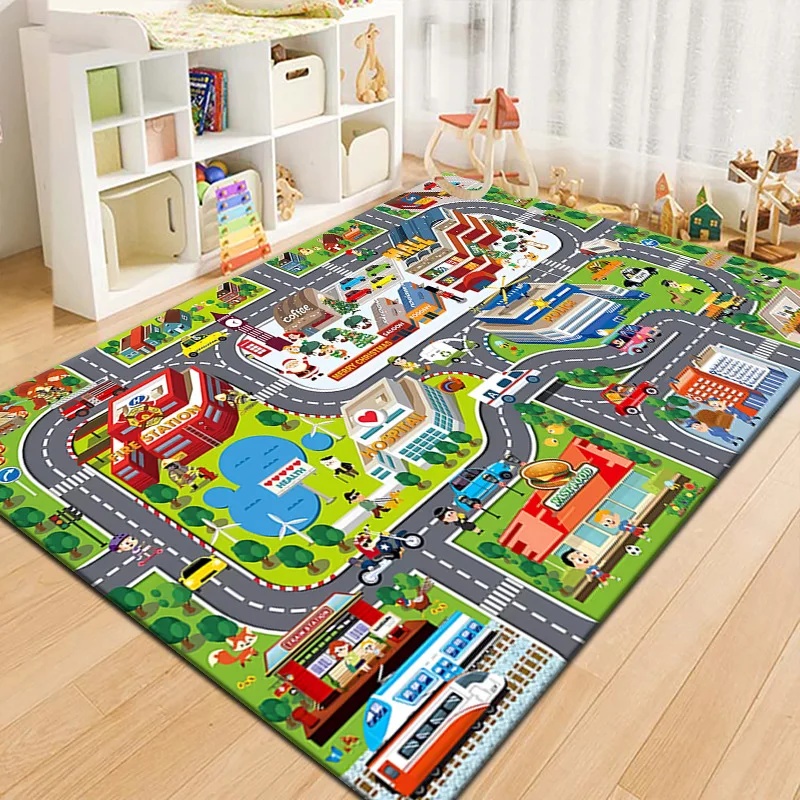 Kids Outdoor Play Area - พรมปูพื้นลายแผนที่เมืองหลากสีสันสำหรับเด็ก พรมเล่นเสริมสร้างจินตนาการ ถนนจราจร สนามผจญภัย เหมาะสำหรับห้องเด็กเล่น ห้องนอน
