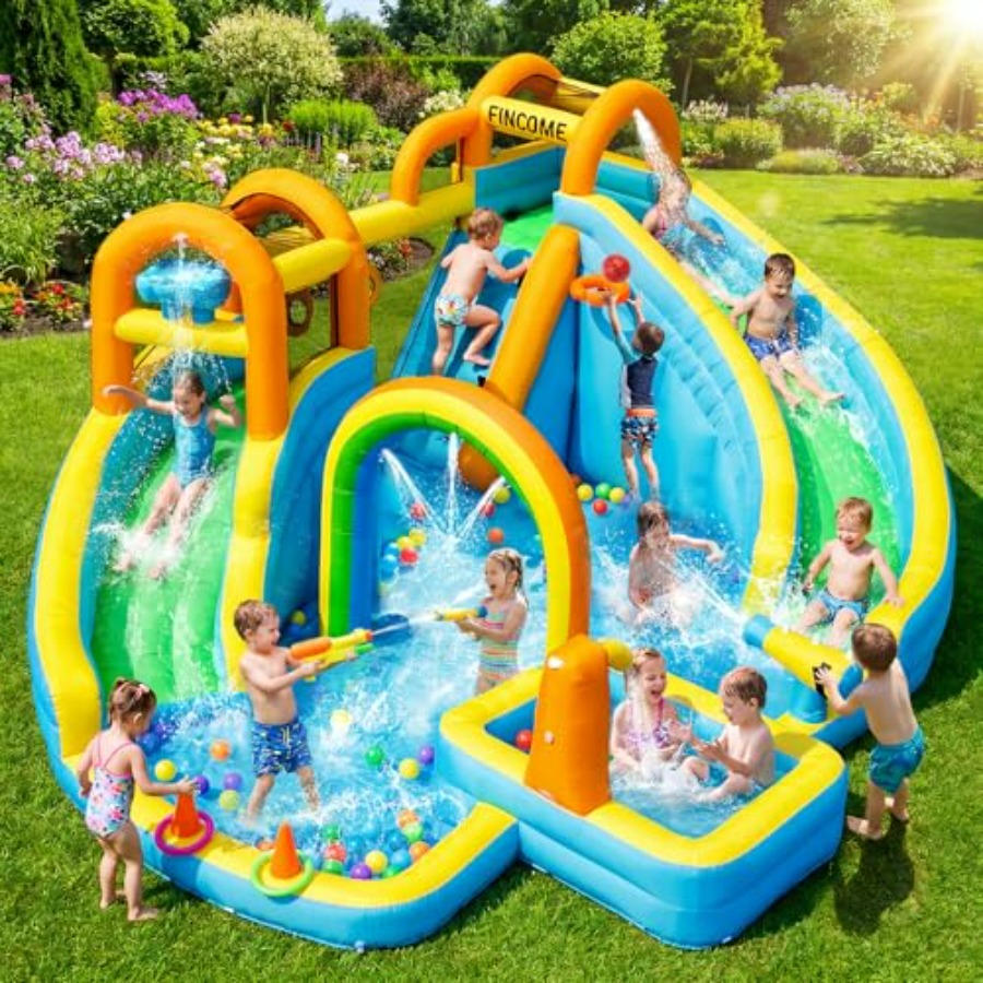 Kids Outdoor Ball - สไลเดอร์น้ำเป่าลมสำหรับเด็กเล่นกลางแจ้งในสวนหลังบ้าน พร้อมสระน้ำสำหรับเล่นสาดน้ำ ห่วงบาสเก็ตบอล ยิงลูกบอล และปืนฉีดน้ำ ทำจากวัสดุ