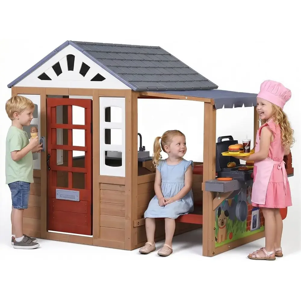 Kids Outdoor Grill - บ้านเด็กเล่นกลางแจ้งทำจากไม้, บ้านเด็กเล่นไม้ CeWooden สำหรับเด็กอายุ 3-8 ปี