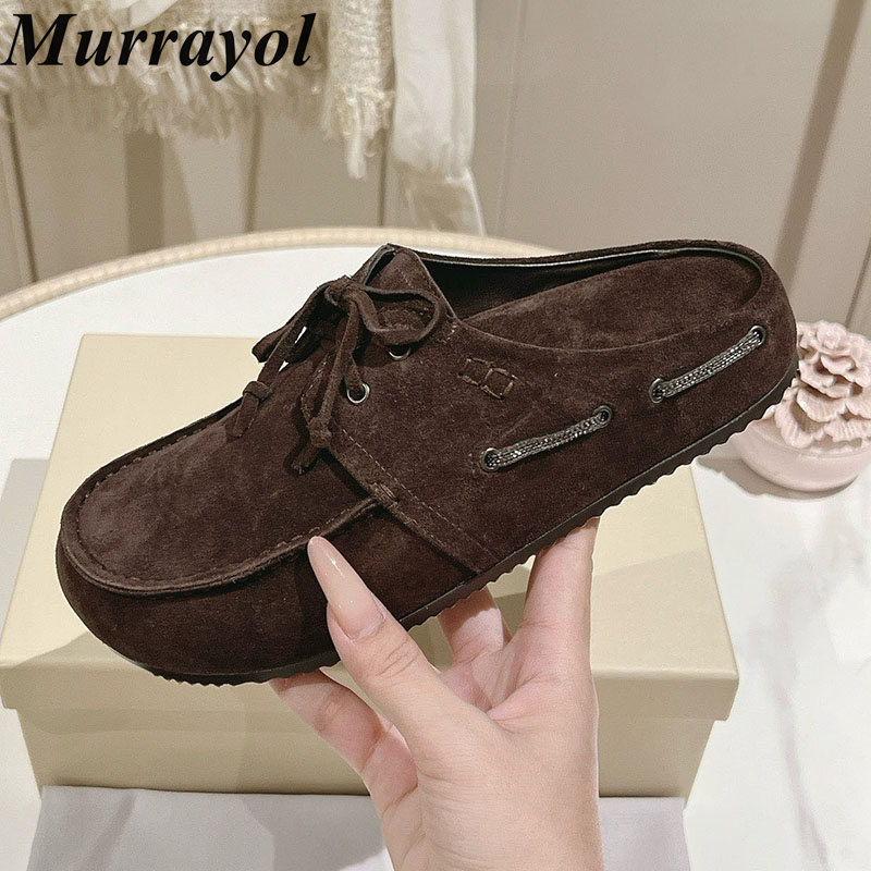 Kids Outdoor Shoes - รองเท้าแตะแบบสวมสำหรับผู้หญิง Lazy Mules ทำจากหนังวัวกลับ ปิดหัวเท้า ผูกไขว้