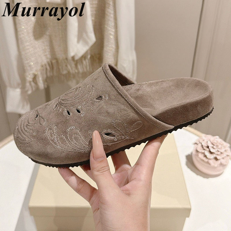 Kids Outdoor Shoes - รองเท้าแตะแบบครึ่งเท้าสำหรับผู้หญิง หนังวัวกลับ ปิดหัวเท้า ดีไซน์โปร่ง พื้นหนา สำหรับฤดูใบไม้ผลิและฤดูใบไม้ร่วง