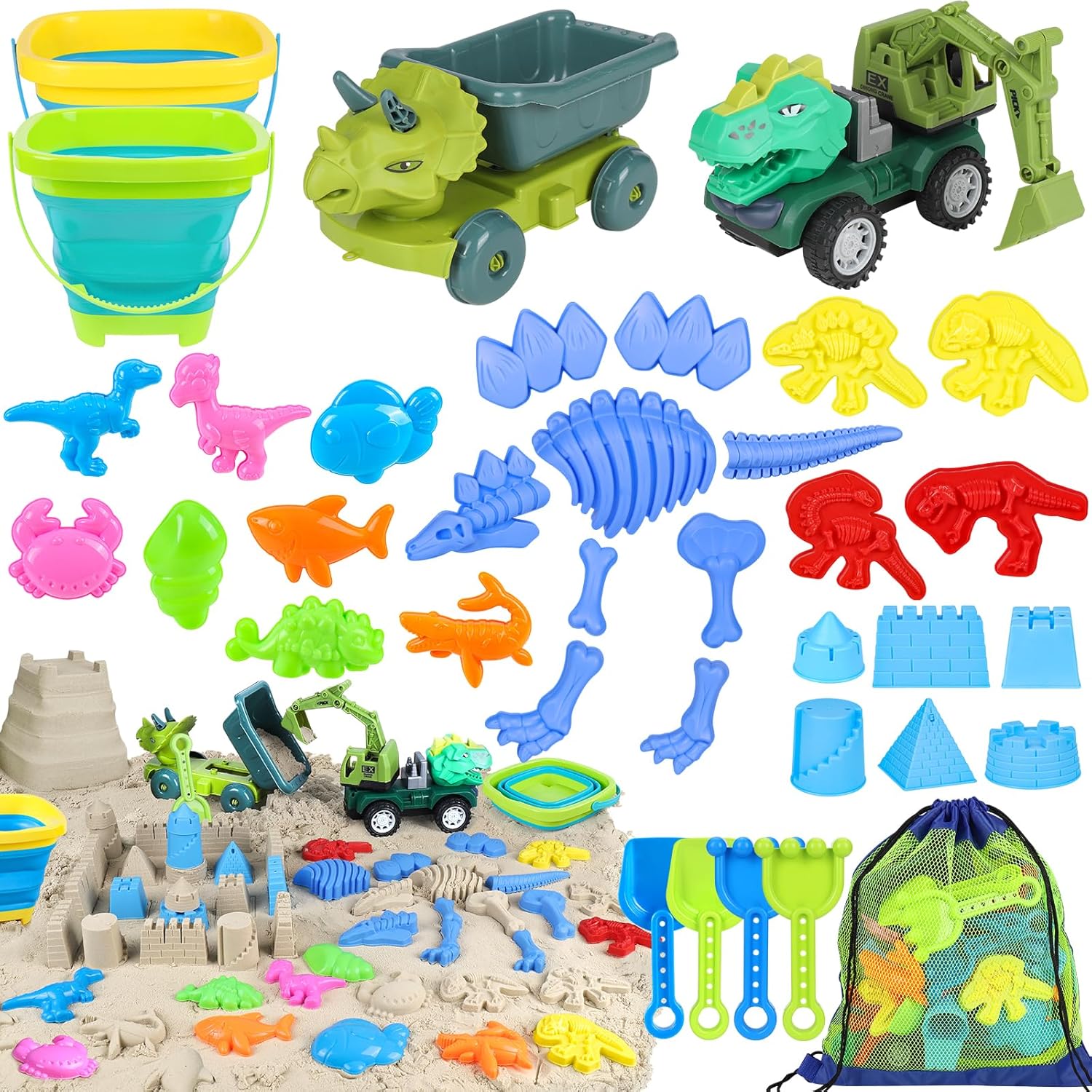 Kids Outdoor Dump Truck - ของเล่นทรายชายหาด ของเล่นทรายพร้อมรถบรรทุกไดโนเสาร์ 2 คัน ถังพับได้ แม่พิมพ์