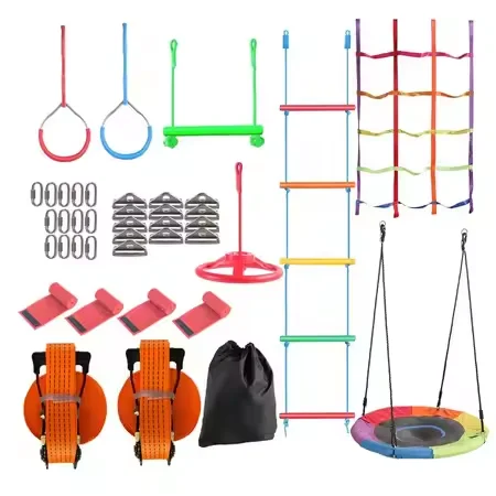 Kids Outdoor Monkey Bars - ชุดอุปกรณ์สนามฝึกซ้อมวอร์ริเออร์สำหรับเด็ก ประกอบด้วย บาร์โหน ห่วงยิม บันไดเชือก ของเล่นกลางแจ้งแบบพกพา